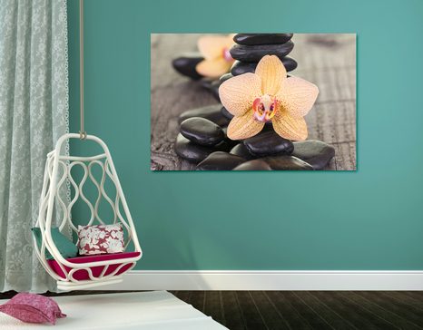 WANDBILD GELBE ORCHIDEE UND ZEN-STEINE - BILDER MIT FENG SHUI-MOTIVEN - BILDER