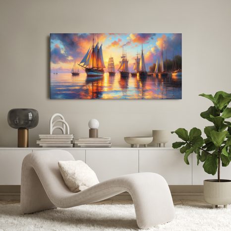 OBRAZ VEČER V PŘÍSTAVU - OBRAZY VÝCHOD A ZÁPAD SLUNCE - OBRAZY