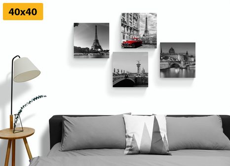 SET DI QUADRI – PARIGI CON AUTO ROSSA RETRÒ - COLLEZIONI DI QUADRI - STAMPE E QUADRI