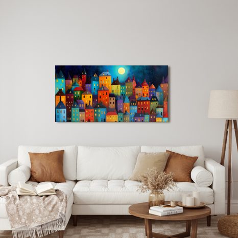 OBRAZ MĚSTO V NOČNÍM SVĚTLE - BAREVNÉ DOMY - OBRAZY