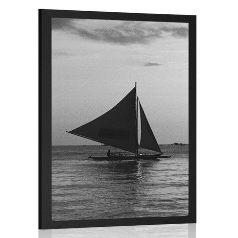 AFFICHE BEAU COUCHER DE SOLEIL SUR LA MER EN NOIR ET BLANC - NOIR ET BLANC - AFFICHES