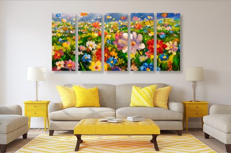 5-DÍLNÝ OBRAZ OLEJOMALBA LUČNÍ KVĚTINY - OBRAZY KVĚTŮ - OBRAZY