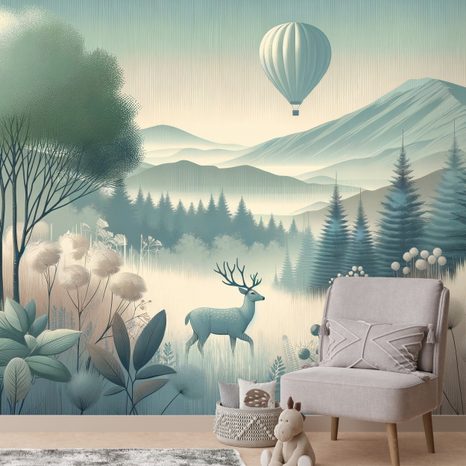 TAPETE WALDLANDSCHAFT MIT HIRSCH UND BALLON - TAPETEN HIRSCHE - TAPETEN