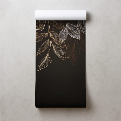 TAPET FRUNZE AURII ELEGANTE PE FUNDAL ÎNCHIS - TAPETE FRUNZE - TAPETURI