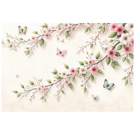 SAMOLEPÍCÍ FOTOTAPETA JEMNÉ RŮŽOVÉ KVĚTY A MOTÝLI - TAPETY KVĚTINY - TAPETY