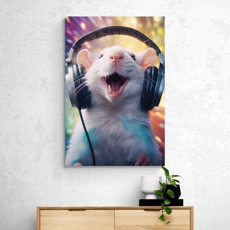 QUADRO SU TELA – RATTO CON CUFFIE - QUADRI DI ANIMALI DA FESTA CON LE CUFFIE - STAMPE E QUADRI