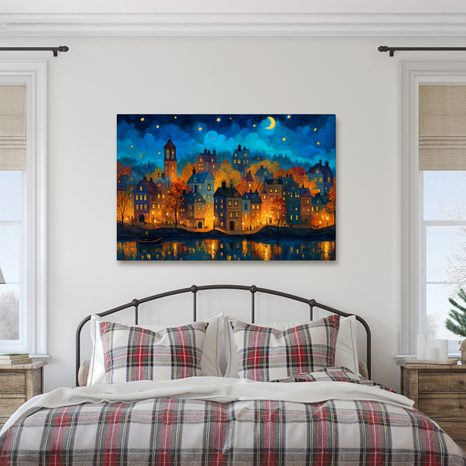 OBRAZ KOUZELNÁ NOČNÍ KRAJINA - BAREVNÉ DOMY - OBRAZY