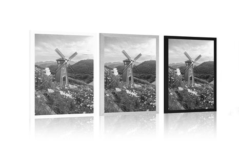 POSTER MEADOW BY THE MAGIC MILL IN BLACK AND WHITE - NATURE - POSTERS