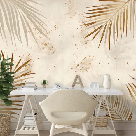 ZELFKLEVEND FOTOBEHANG GOUDEN PALMBLADEREN OP BEIGE - FOTOBEHANG BLADEREN - FOTOBEHANG