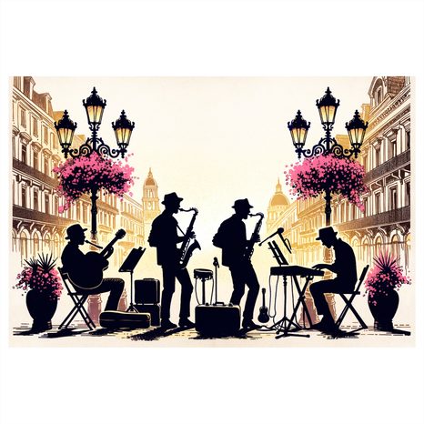 WANDBILD JAZZBAND IN DEN STRASSEN - BILDER VON STÄDTEN - BILDER