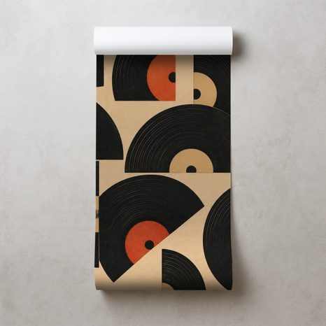 TAPETE RETRO-VINYLPLATTEN AUF BEIGEM HINTERGRUND - MUSIK FOTOTAPETEN - TAPETEN