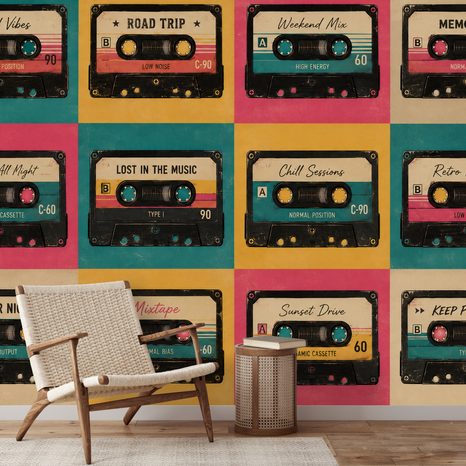 TAPETE RETRO BUNTE AUDIOKASSETTEN - MUSIK FOTOTAPETEN - TAPETEN