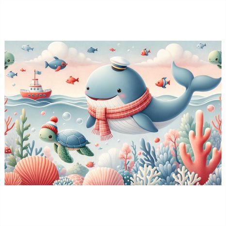 WANDBILD KAPITÄN WAL UND SCHILDKRÖTE - KINDERBILDER TIERE - BILDER