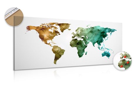 DECORATIVE PINBOARD COLORED POLYGONAL MAP OF THE WORLD - PICTURES ON CORK - PICTURES