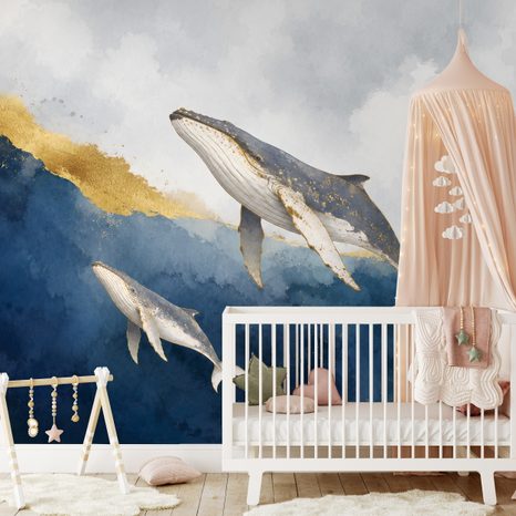 ZELFKLEVEND FOTOBEHANG AQUARELWALVISSEN IN GOUDBLAUW - FOTOBEHANG ZEELEVEN - FOTOBEHANG