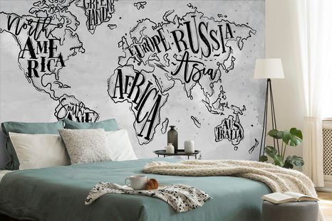 CARTA DA PARATI – MAPPA DEL MONDO IN BIANCO E NERO SU SFONDO VINTAGE - CARTA DA PARATI MAPPE - CARTA DA PARATI