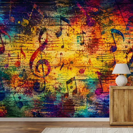 SELBSTKLEBENDE TAPETE BUNTE MUSIKNOTEN AUF HOLZ - MUSIK FOTOTAPETEN - TAPETEN