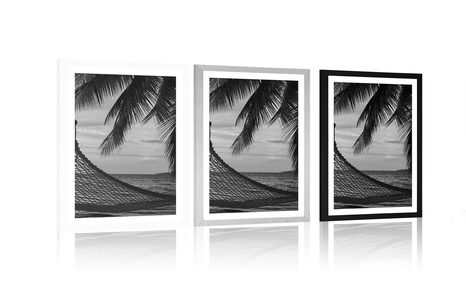 ПЛАКАТ С ПАСПАРТУ – ЛЮЛКА НА ПЛАЖА В ЧЕРНО-БЯЛО - ЧЕРНО-БЯЛО - ПЛАКАТИ