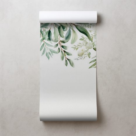 FOTOTAPET RAMURI DE MĂSLIN VERZI PE FUNDAL ALB - TAPETE FRUNZE - TAPETURI