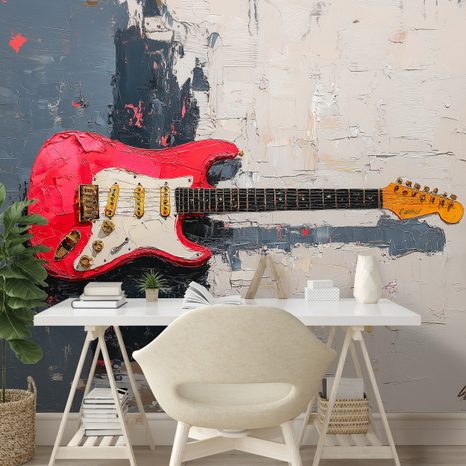 SELBSTKLEBENDE FOTOTAPETE ROTE E-GITARRE AUF ABSTRAKTEM HINTERGRUND - MUSIK FOTOTAPETEN - TAPETEN