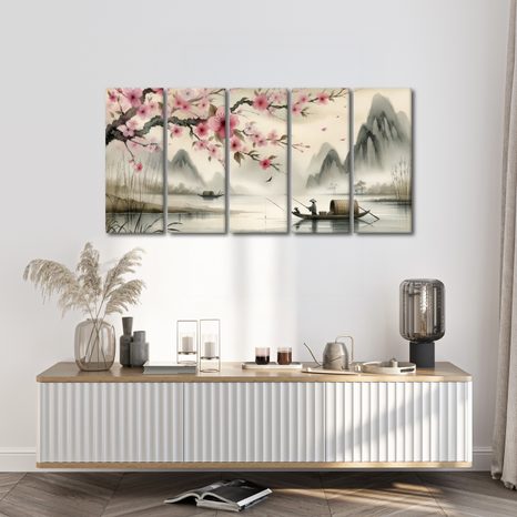 5-TEILIGES WANDBILD FISCHER UND KIRSCHBLÜTEN - BILDER SEEN - BILDER