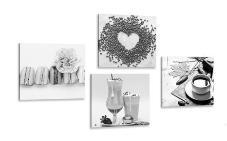 CANVAS PRINT SET DRINKS WITH SWEET INDULGENCE IN BLACK AND WHITE - SET OF PICTURES - PICTURES