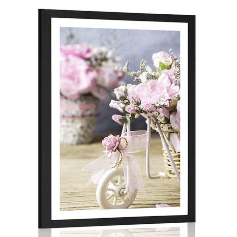 POSTER MIT PASSEPARTOUT ROMANTISCHE ROSA NELKE MIT VINTAGE-TOUCH - VINTAGE UND RETRO - POSTER