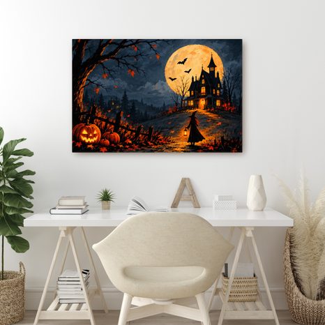 QUADRO SU TELA – CASA STREGATA SOTTO LA LUNA PIENA - QUADRI HALLOWEEN E HORROR - STAMPE E QUADRI