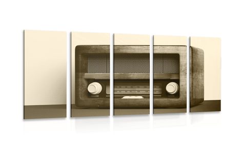 5-PIECE CANVAS PRINT RETRO RADIO IN SEPIA DESIGN - BLACK AND WHITE PICTURES - PICTURES