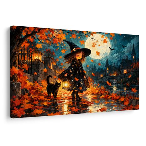 WANDBILD KLEINE HEXE IN DER HERBSTNACHT - HALLOWEEN- UND HORROR-BILDER - BILDER