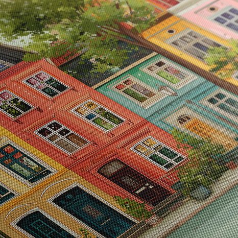 WANDBILD BUNTE HÄUSER MIT ALLEE - BUNTE HÄUSER - BILDER