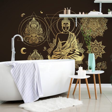 PAPIER PEINT BOUDDHA MÉDITANT DORÉ - FOND D'ÉCRAN FENG SHUI - PAPIER PEINT