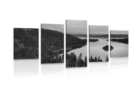 QUADRO IN 5 PARTI LAGO AL TRAMONTO IN BIANCO E NERO - QUADRI BIANCO E NERO - QUADRI