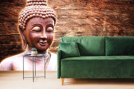 TAPETA SOCHA BUDHY NA DŘEVĚNÉM POZADÍ - TAPETY FENG SHUI - TAPETY