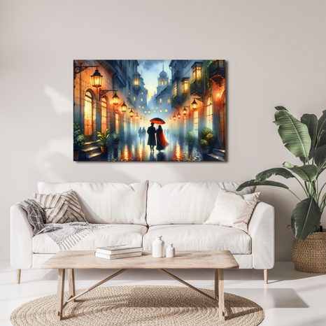 WANDBILD ROMANTISCHER SPAZIERGANG DURCH VERREGNETE STADT - BILDER VON MENSCHEN - BILDER