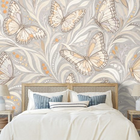 SELBSTKLEBENDE FOTOTAPETE ELEGANTE BEIGE SCHMETTERLINGE MIT BLÄTTERN - TAPETEN SCHMETTERLINGE - TAPETEN