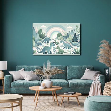 WANDBILD FRÖHLICHE DINOSAURIER IM MÄRCHENWALD - KINDERBILDER TIERE - BILDER