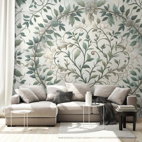 SAMOLEPÍCÍ TAPETA ELEGANTNÍ ZELENÉ LISTY S KVĚTY - VZOROVANÉ TAPETY - TAPETY