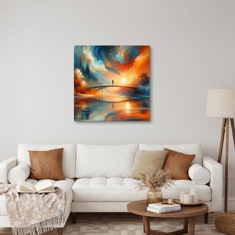 WANDBILD SONNENUNTERGANG ÜBER FLUSS MIT BRÜCKE - BILDER VON SONNENAUFGANG UND SONNENUNTERGANG - BILDER