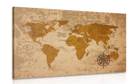 CANVAS PRINT OLD WORLD MAP WITH A COMPASS - PICTURES OF MAPS - PICTURES