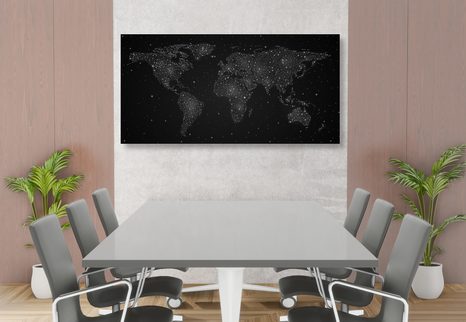 QUADRO SU TELA – MAPPA DEL MONDO CON CIELO NOTTURNO IN BIANCO E NERO - QUADRI MAPPE - STAMPE E QUADRI