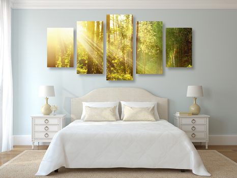 QUADRI 5 PEZZI – RAGGI DI SOLE NELLA FORESTA - QUADRI DI NATURA E PAESAGGIO - STAMPE E QUADRI