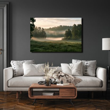 TABLEAU SUR TOILE – MATIN BRUMEUX AU-DESSUS D’UNE PRAIRIE - TABLEAUX DE CHAMPS ET PRAIRIES - TABLEAUX