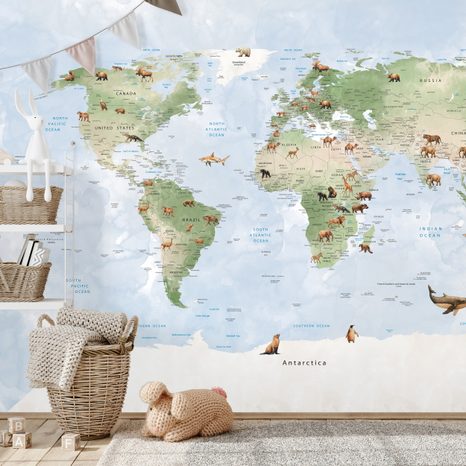 SAMOLEPÍCÍ FOTOTAPETA SVĚTOVÁ MAPA SE ZVÍŘATY - DĚTSKÉ TAPETY - TAPETY