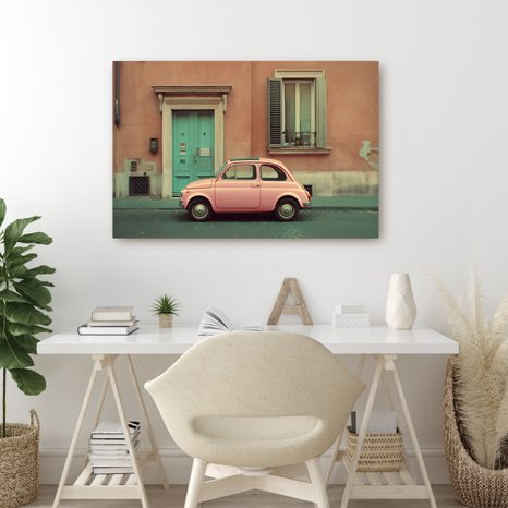 OBRAZ RŮŽOVÝ RETRO VŮZ V MĚSTĚ - OBRAZY AUT - OBRAZY