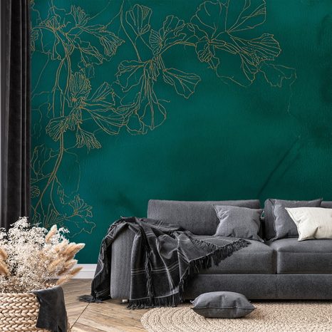 TAPET FLORI AURII PE VERDE SMARALD - TAPET FLORI - TAPETURI