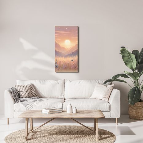 WANDBILD BERGE, BLUMEN UND UNTERGEHENDE SONNE - BILDER VON SONNENAUFGANG UND SONNENUNTERGANG - BILDER