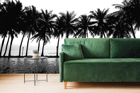 SAMOLEPÍCÍ TAPETA ZÁPAD SLUNCE NAD PALMAMI V ČERNOBÍLÉM - SAMOLEPÍCÍ TAPETY - TAPETY