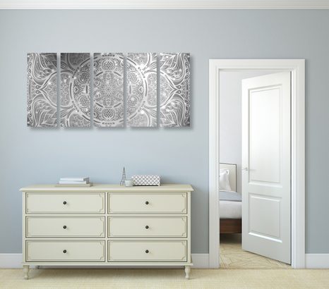 5-DÍLNÝ OBRAZ INDICKÁ MANDALA S GALAKTICKÝM POZADÍM V ČERNOBÍLÉM PROVEDENÍ - ČERNOBÍLÉ OBRAZY - OBRAZY