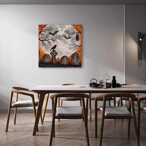 WANDBILD RABE UND FLEDERMÄUSE ÜBER GRÄBERN - HALLOWEEN- UND HORROR-BILDER - BILDER